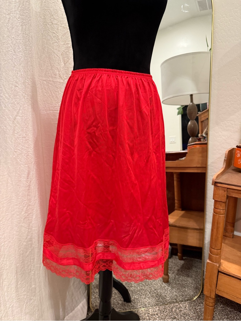 Vintage Vanity Fair Red Midi Slip Skirt with Lace Trim